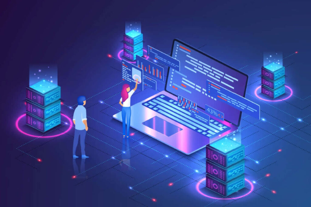 Futuristic Tech Duo: Man and Woman with Laptops and Server Wallpaper