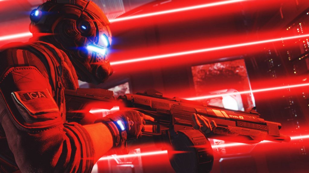 Futuristic Titanfall pilot with EVA-8 shotgun in dark industrial sci-fi scene with red lasers Wallpaper