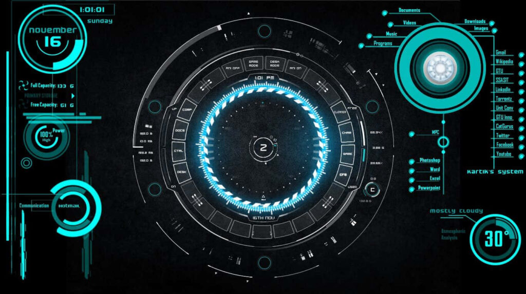 Futuristic Iron Man-Inspired Wallpaper with Glowing Holograms
