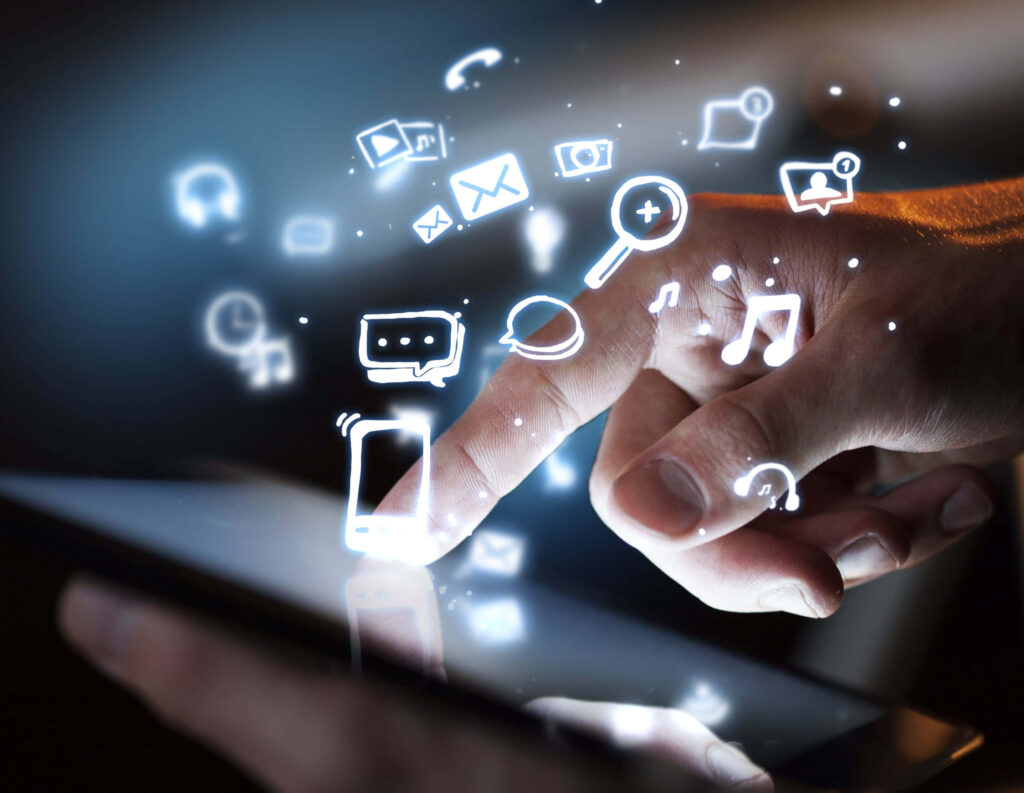 Futuristic Touchscreen Interaction Wallpaper with Glowing Icons
