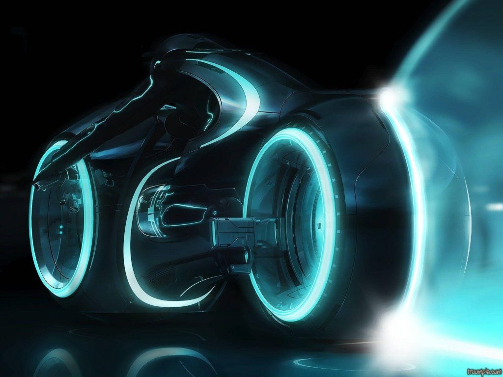 Futuristic Tron Legacy Light Cycle with cyan neon lights on black background wallpaper