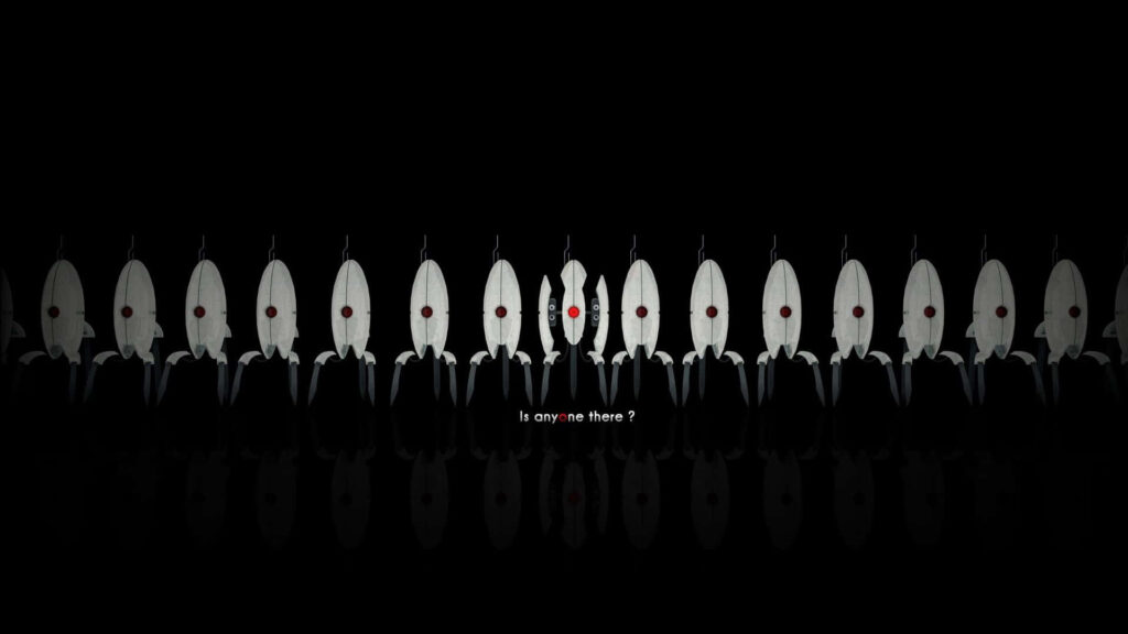 Futuristic Turret Wallpaper with Mysterious 'Is Anyone There?' Text