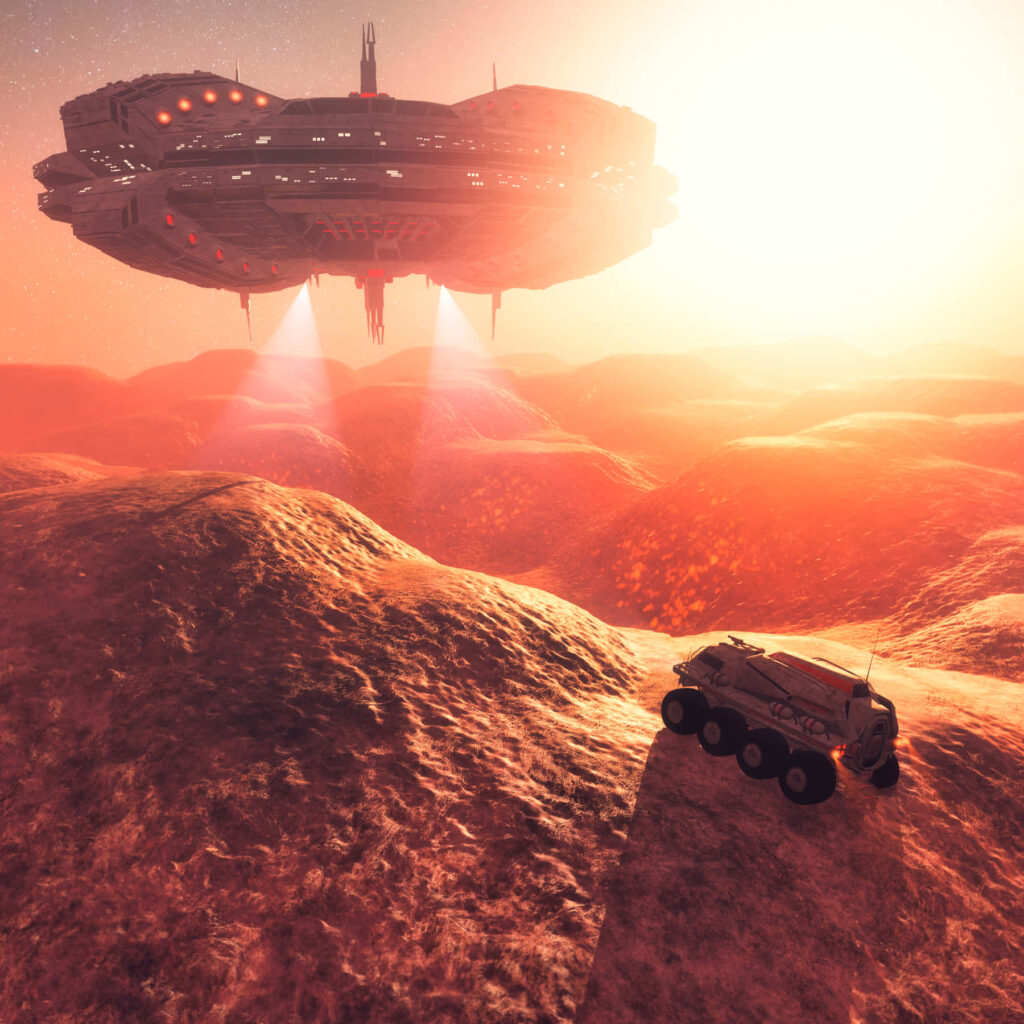 Futuristic UFO Wallpaper: Extraterrestrial Landscape & Rover Background