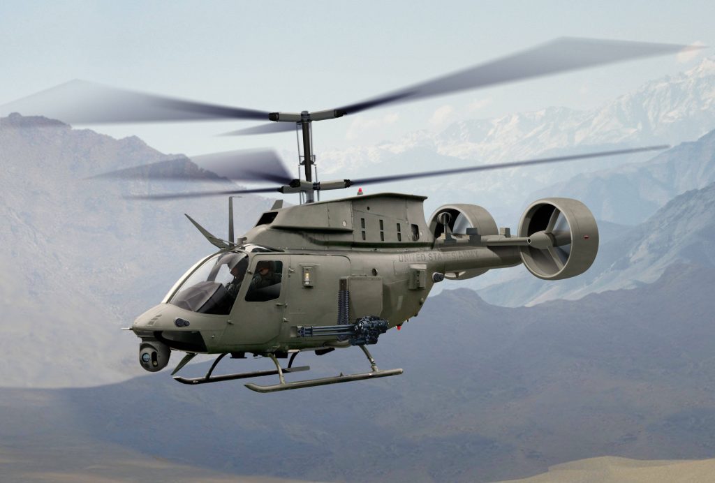 Futuristic US Army scout helicopter with gatling cannon flying over hazy mountains wallpaper