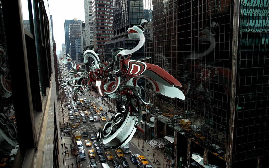 Futuristic Urban Cityscape Wallpaper with Robotic Figure in Flight