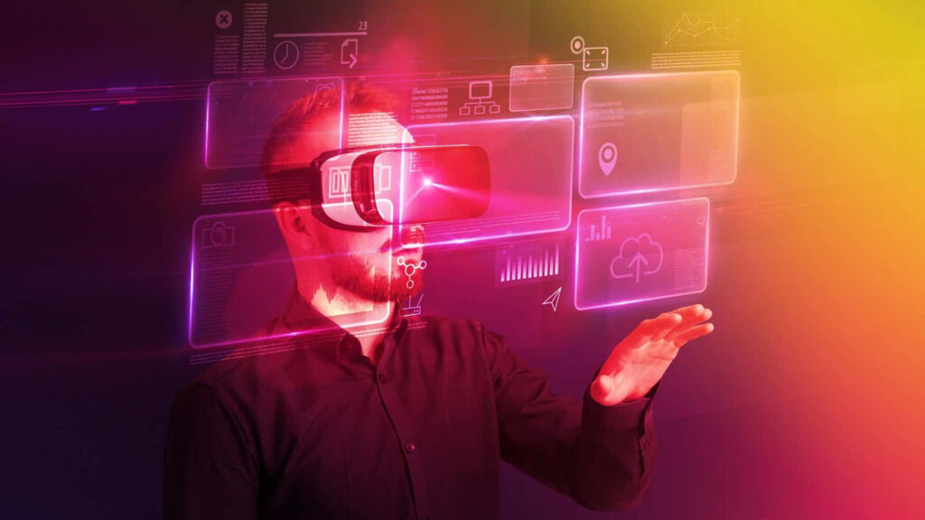 Futuristic VR Man Interacting with Augmented Reality Interfaces - Wallpaper