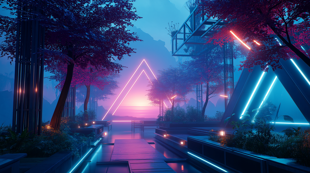 Futuristic VR nexus digital art with glowing neon triangle and vibrant magenta tree-lined path Wallpaper