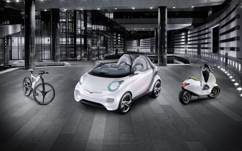 Sleek White Wallpaper: Futuristic Vehicles in Urban Setting