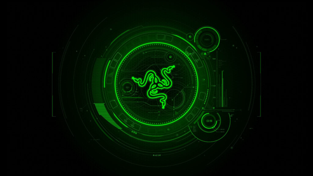 4K futuristic neon green Razer logo with sci-fi HUD elements on black high-tech gaming wallpaper