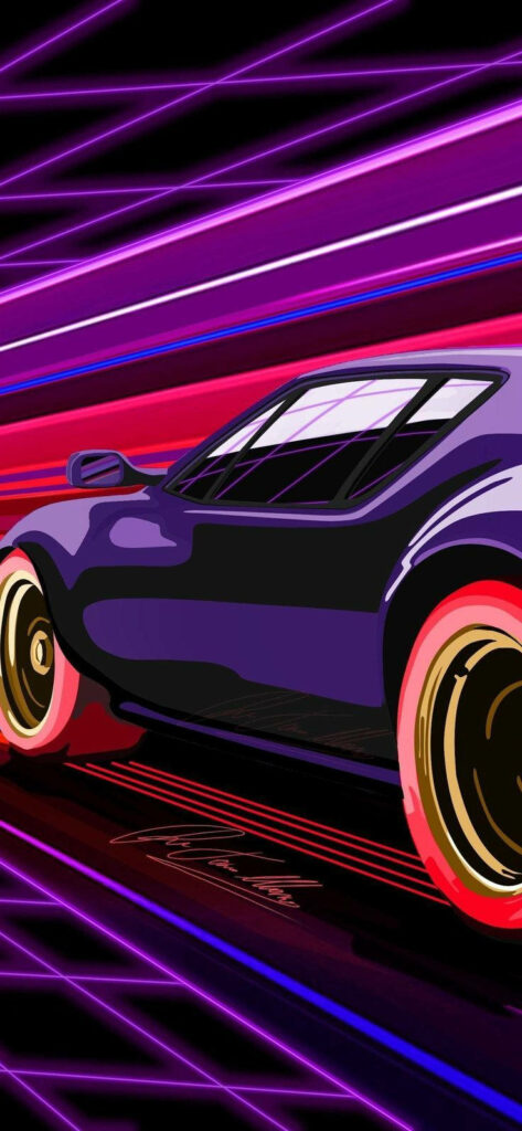 Futuristic violet car speeding through neon cityscape vibrant iPhone wallpaper background