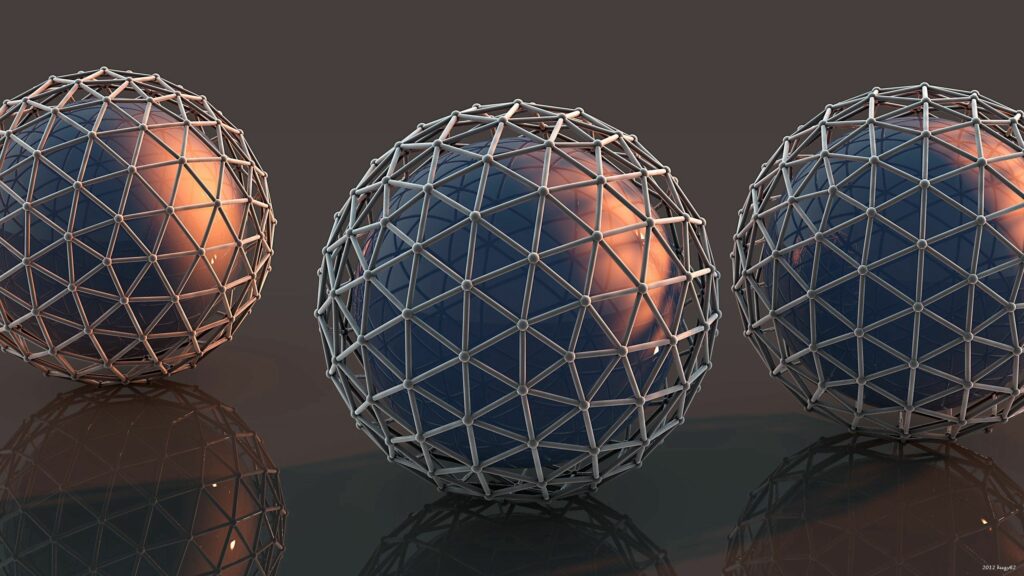 Futuristic Metallic Balls in Mesh Structures - High-Res Wallpaper