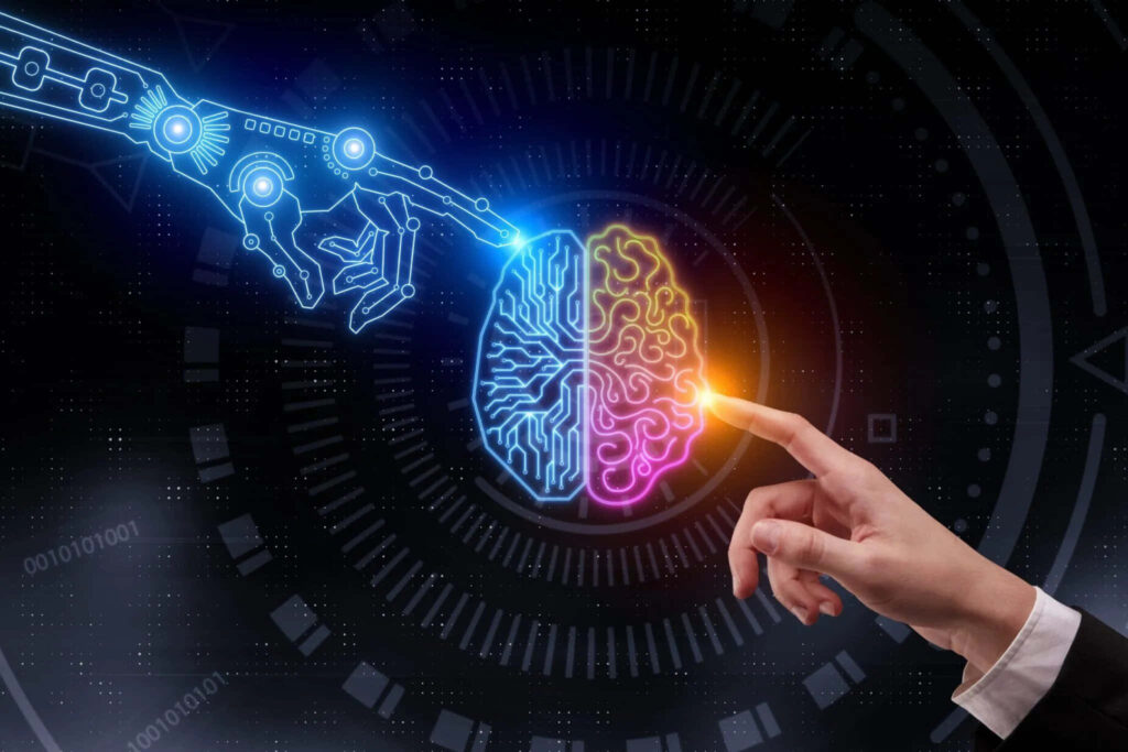 Futuristic AI & Human Synergy Wallpaper: Robotic Hand Meets Glowing Brain