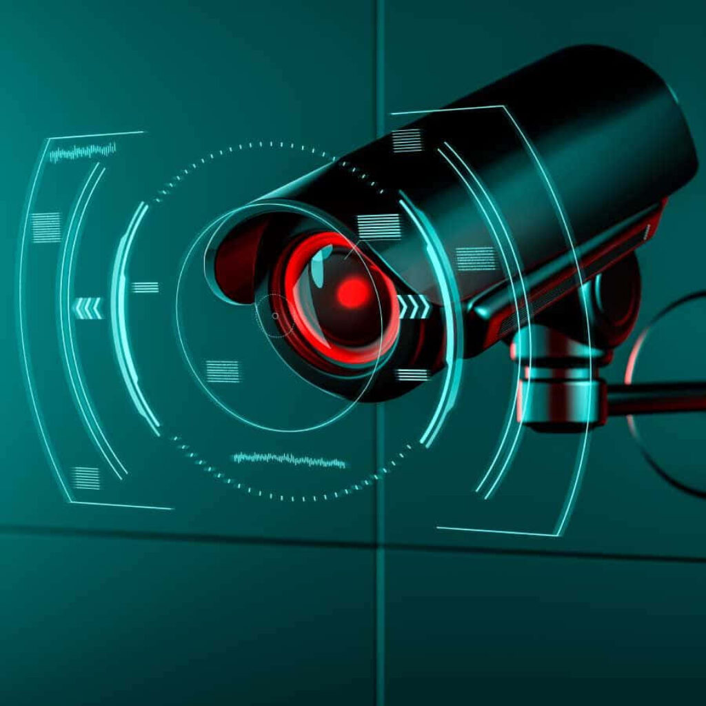 Futuristic Bullet Security Camera Wallpaper with Holographic Display