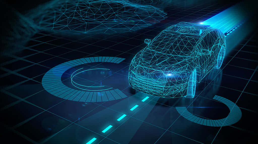 Futuristic Car Technology Wallpaper: Glowing Wireframe Design & Digital Dashboard