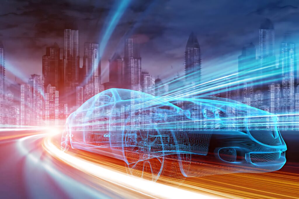 Futuristic Wallpaper: Transparent Car Design & Vibrant Cityscape