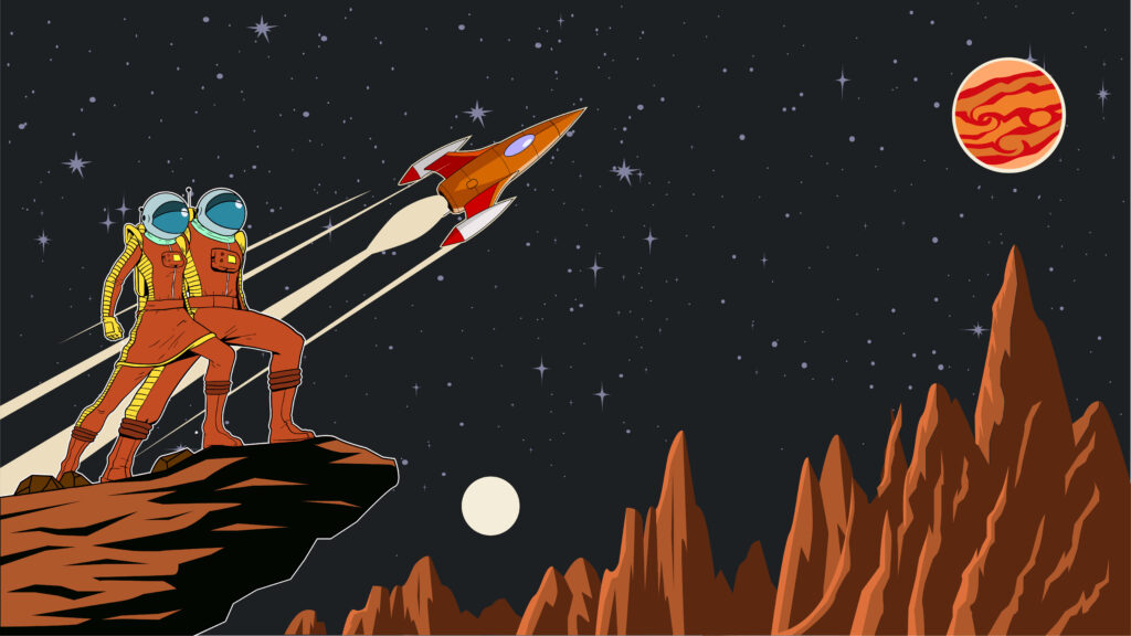 Futuristic Astronauts and Spaceship: Dynamic Alien Landscape Wallpaper