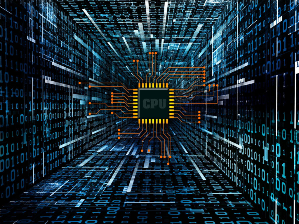 Futuristic PCB Wallpaper: CPU in Binary Tunnel - Tech Innovation