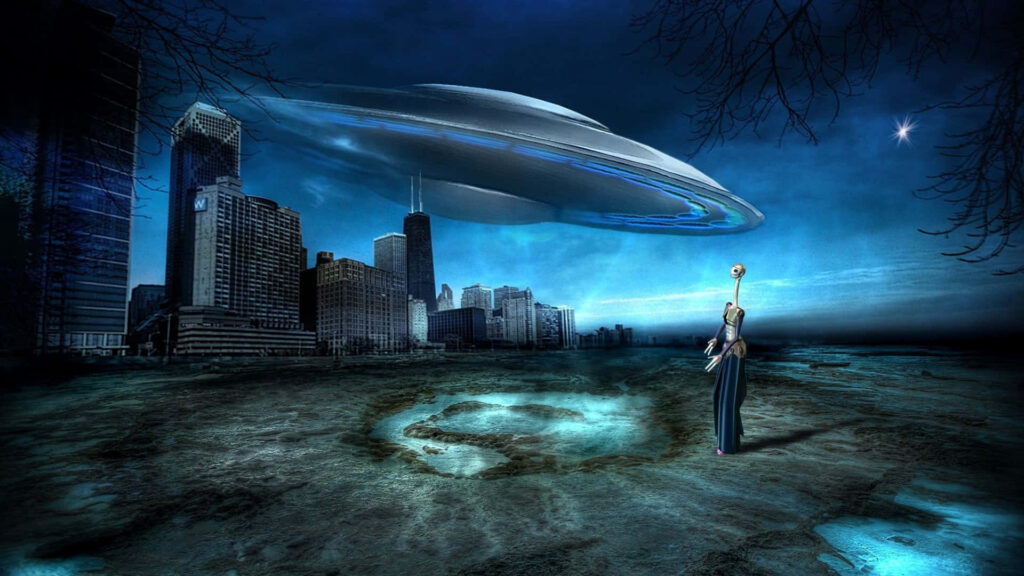 Futuristic Wallpaper: Cosmic Adventure with Spaceship and Skyline