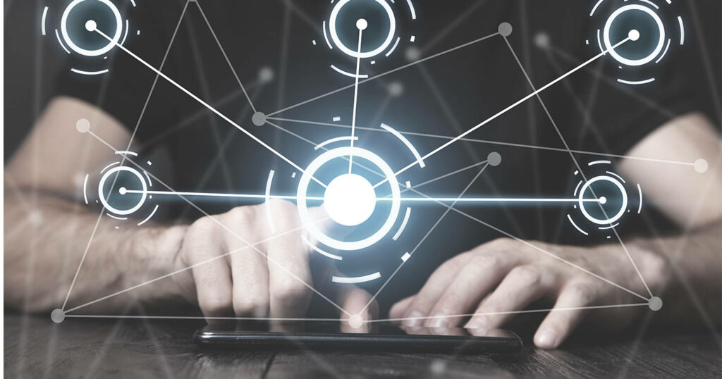 Futuristic Wallpaper: Person with Mobile Device & Glowing Network Nodes