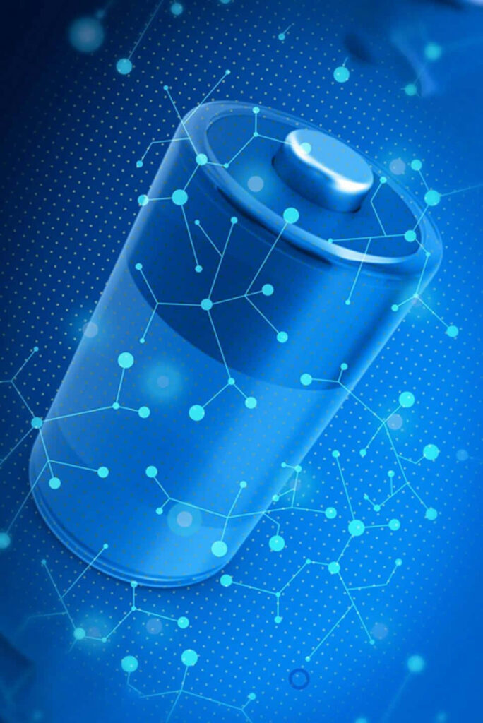 Futuristic Wallpaper: Glowing Blue Aluminum-Ion Battery & Molecular Design