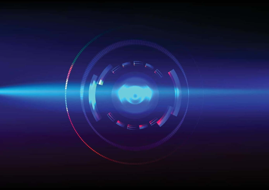 Futuristic Blue Light Circle Wallpaper with Red Accents on Dark Background