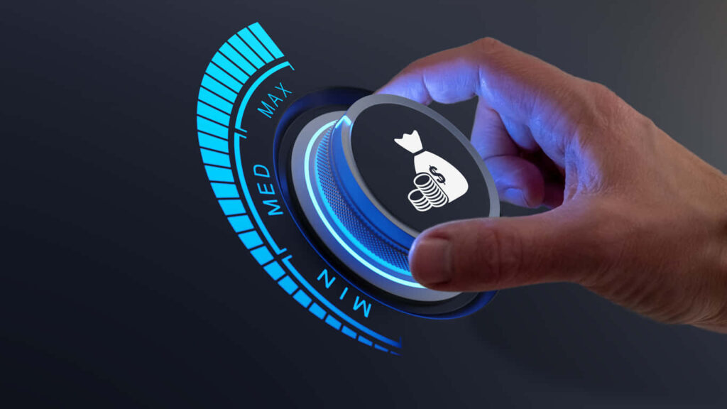 Futuristic Wallpaper: Blue Control Knob & Money Bag Icon Innovation