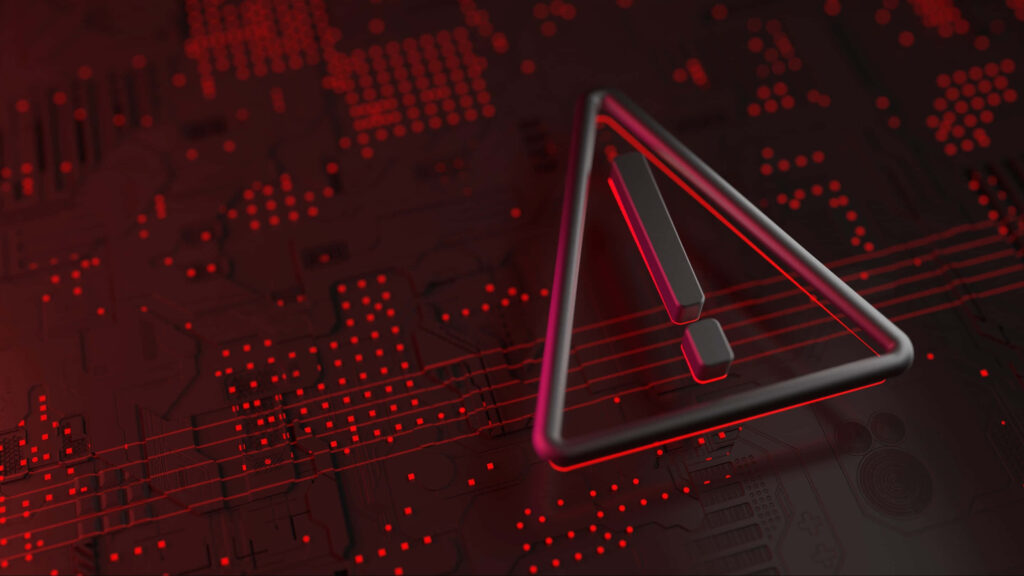 Futuristic Dark Circuit Board Wallpaper with Glowing Red Warning Symbol