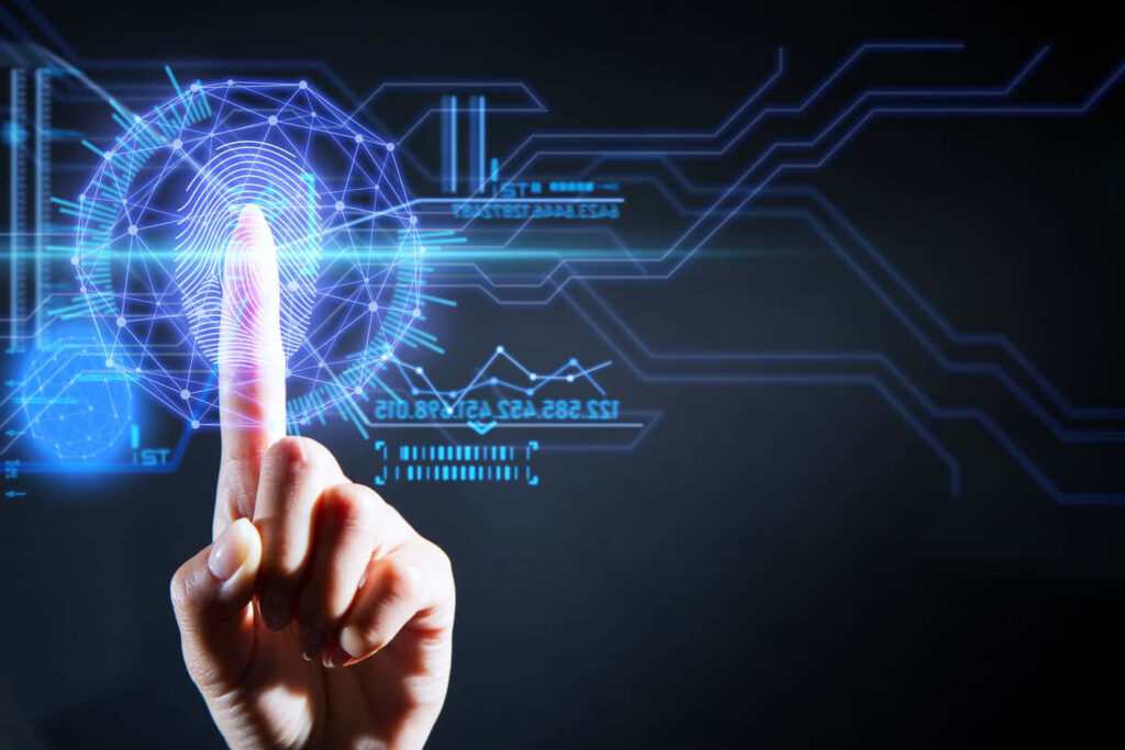 Futuristic Wallpaper: Hand Pointing at Glowing Digital Fingerprint