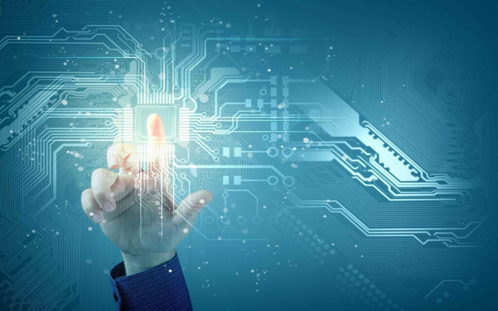 Futuristic Digital Interface Wallpaper: Touching Glowing Button Design