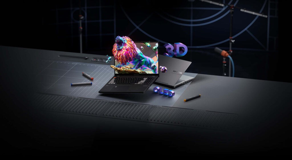 Futuristic Wallpaper: High-Tech Laptops with 3D Graphics on Sleek Surface
