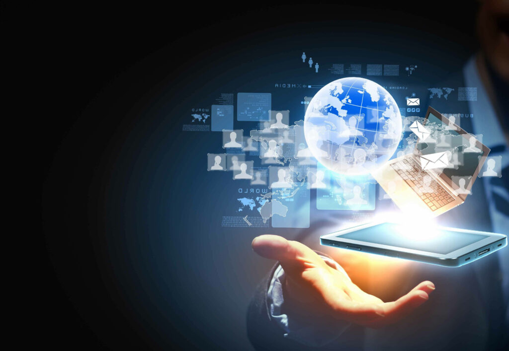 Futuristic Wallpaper: Holographic Mobile Tech & Glowing Globe Design