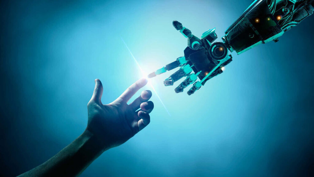 Futuristic Wallpaper: Merging Humanity & AI in Hand Connection