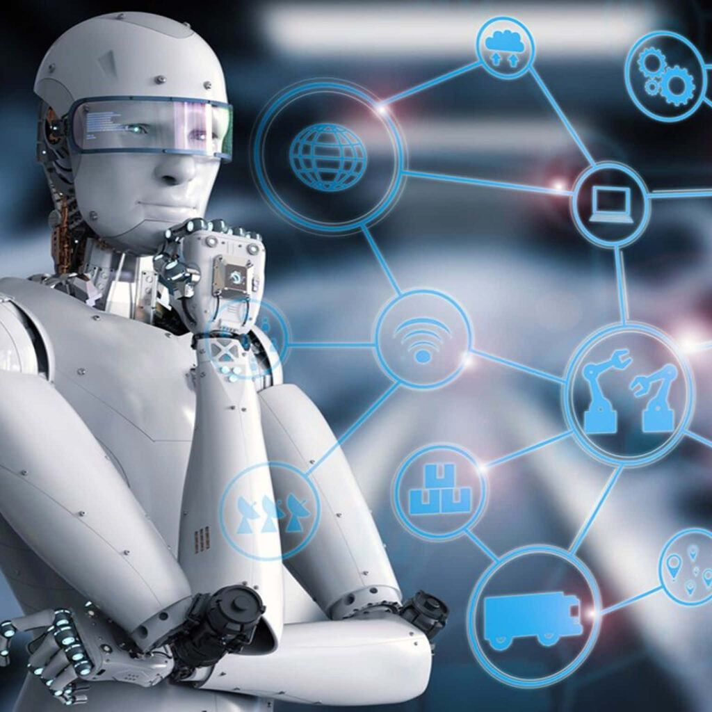 Futuristic Wallpaper: Humanoid Robot & Digital Icons of AI Integration
