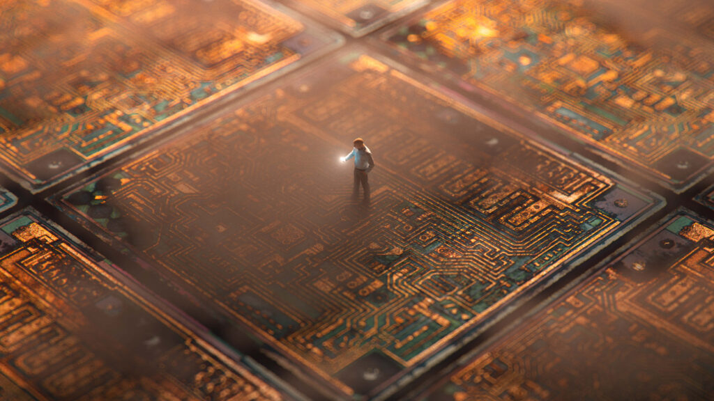 Futuristic Wallpaper: Man on Glowing Circuit Board - Tech Meets Humanity