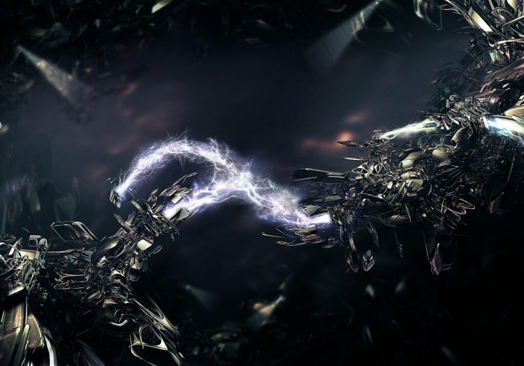 Futuristic Metallic Hands in Dark Electric Arc Wallpaper Background