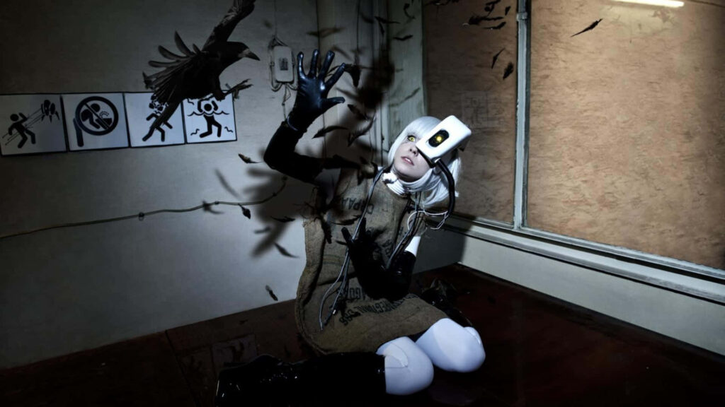 Surreal Cybernetic Figure & Dark Feathers - Atmospheric Wallpaper