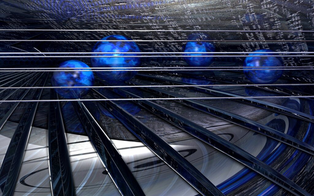 Futuristic Grid Wallpaper: Dark Sci-Fi Scene with Neon Blue Orbs
