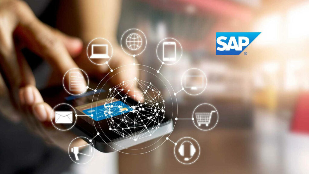 Futuristic Wallpaper: Person with Smartphone & SAP Logo in Tech Icons