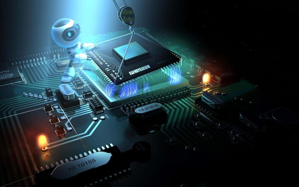 Futuristic Wallpaper: Robot Engineer on Glowing Microchip Circuit