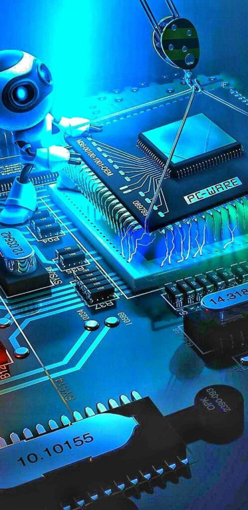 Futuristic Robot Repairing Motherboard - Blue Light Wallpaper Background