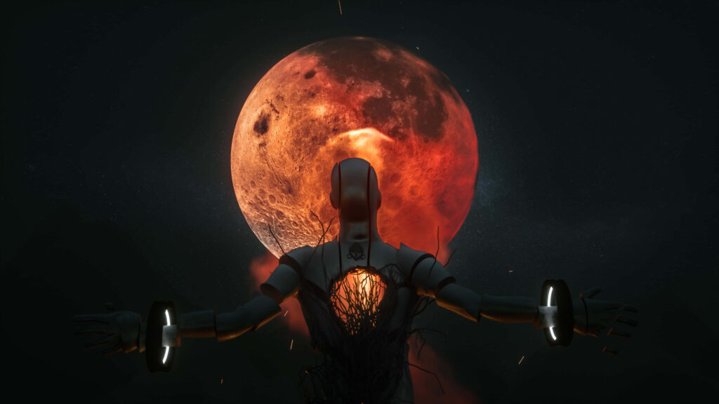 Futuristic Wallpaper: Robotic Figure & Glowing Core Under Blood Moon