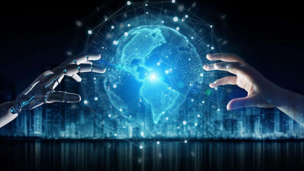Futuristic Wallpaper: Robotic and Human Hands Unite over Digital Globe