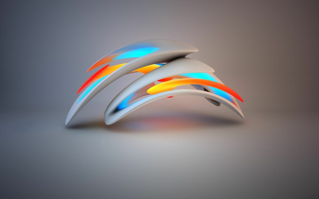 Futuristic Curved Forms Wallpaper: Vibrant Blue, Orange & Yellow Glow