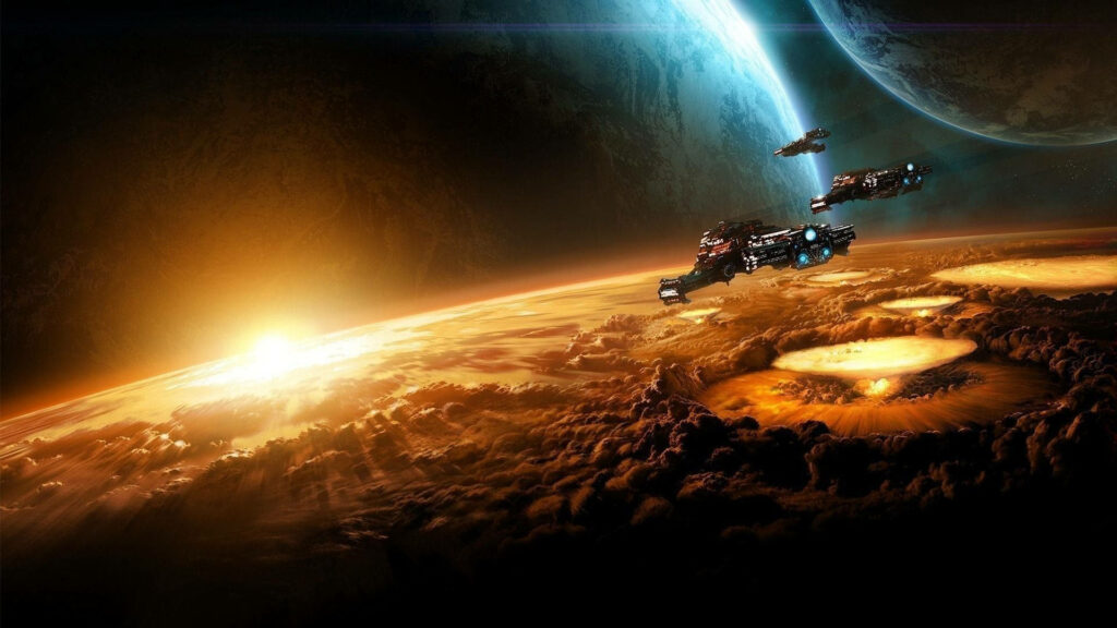 Futuristic Wallpaper: Spaceships Over Exploding Planet & Radiant Sun