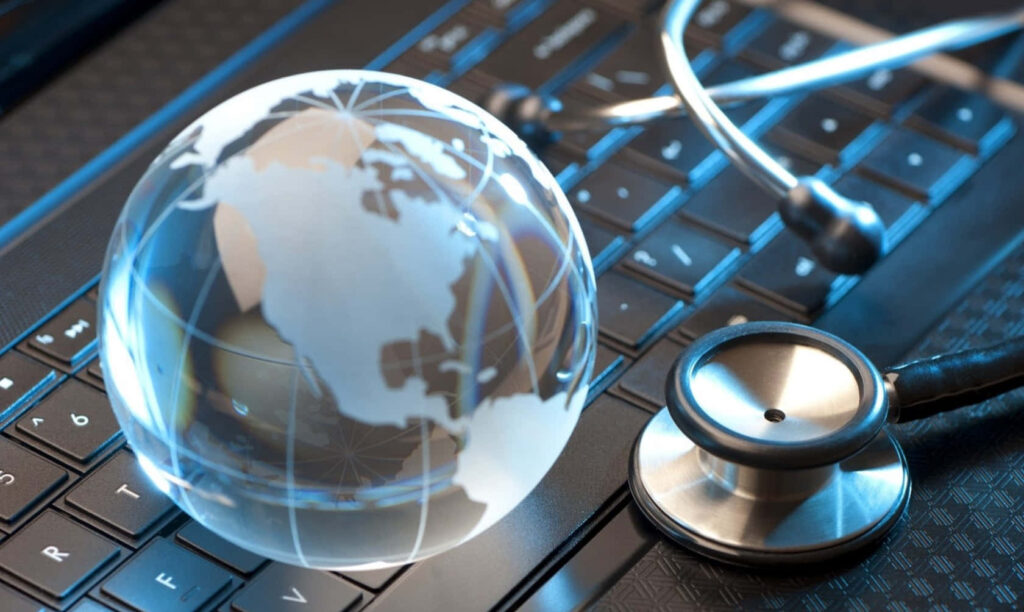 Futuristic Wallpaper: Globe & Stethoscope Merging Tech & Healthcare