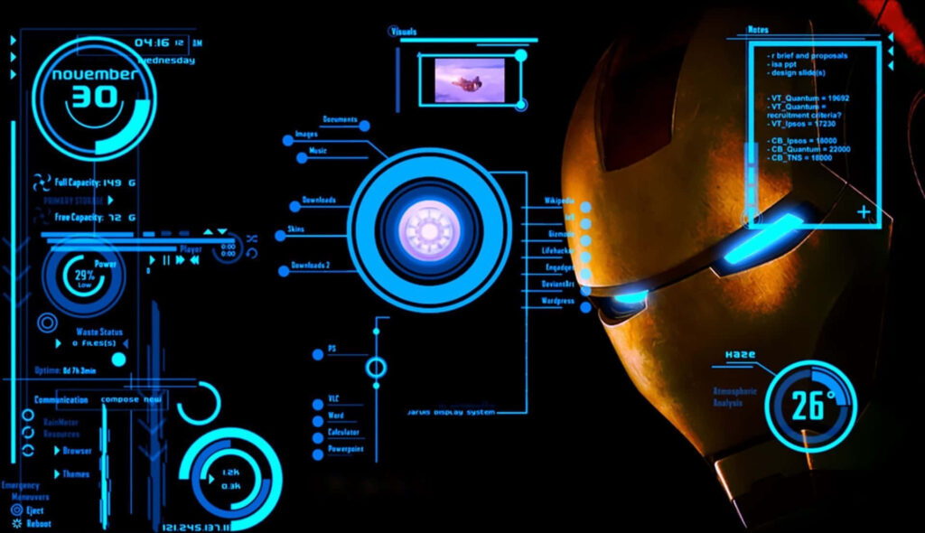 Futuristic Tony Stark Wallpaper with Iron Man Helmet & Arc Reactor