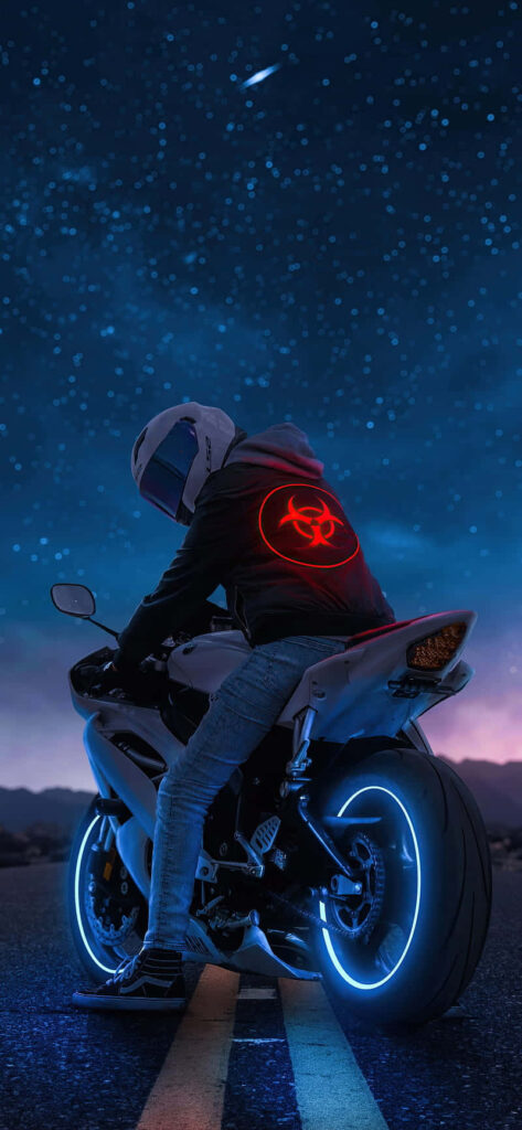 Futuristic Motorcycle Wallpaper: Starry Night & Glowing Rims