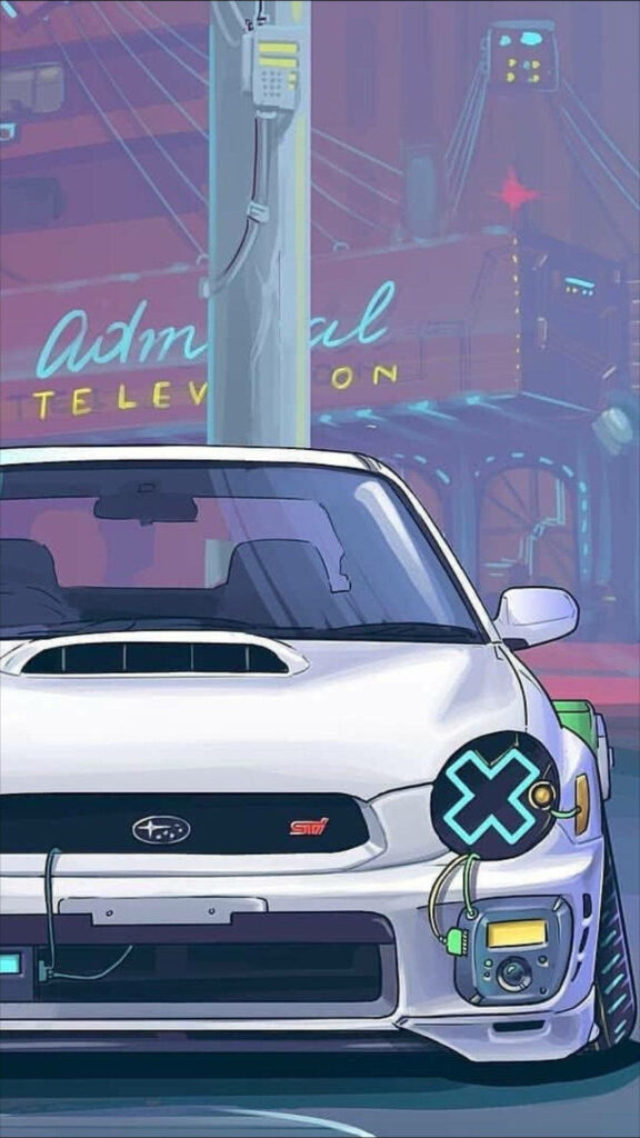White JDM Subaru STI with neon accents in cyberpunk city street racing art wallpaper background
