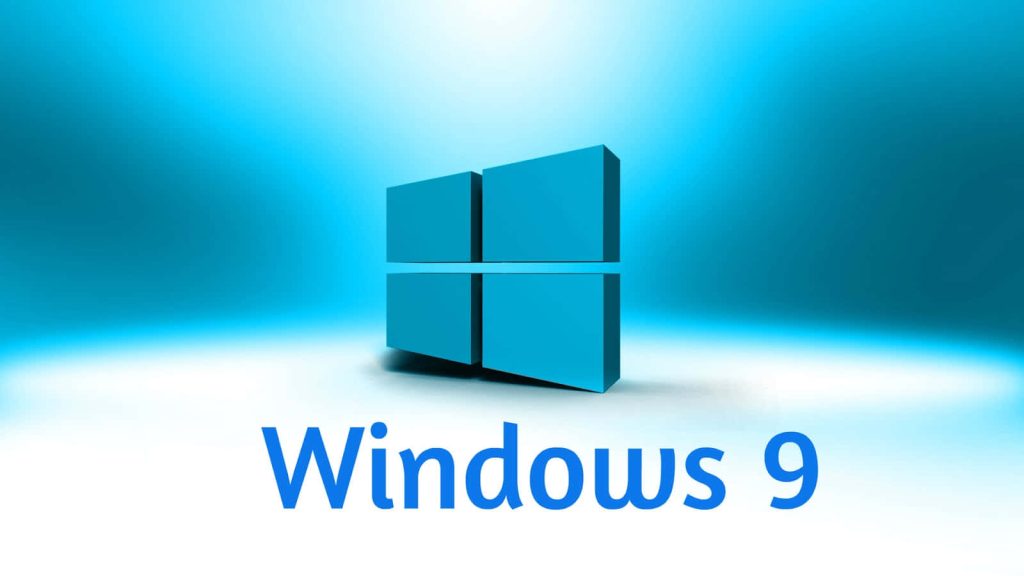 3D blue Windows 9 logo on vibrant cyan gradient digital wallpaper with minimalist tech design