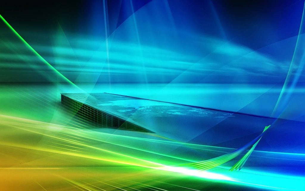 Windows Vista digital wallpaper with vibrant blue green aurora lights and sleek 3D grid platform